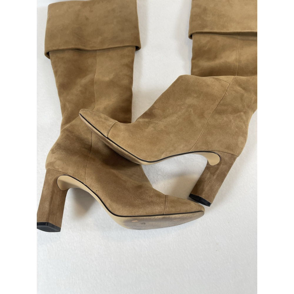 Something Navy Camel Suede Boots 9 Round Toe Chunky Heel Knee High - Picture 4 of 8